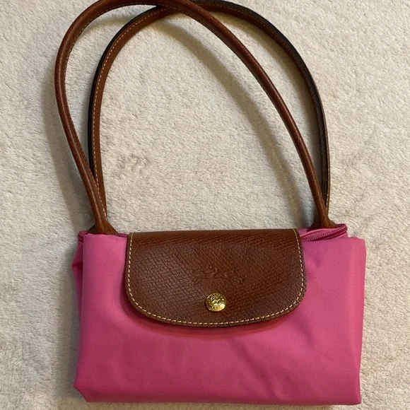 Longchamp Le Pliage small long strap #2605 pink nylon leather tote satchel purse - Picture 11 of 13